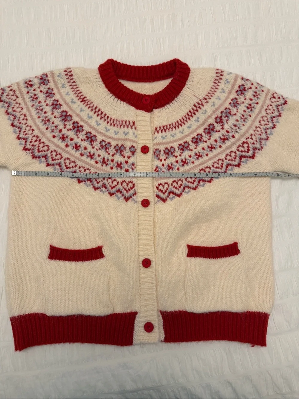 FAIR ISLE  Hearts Bows Cardigan Sweater Fuzzy Soft Cozy Pockets Nordic Soft Girl - Picture 15 of 17